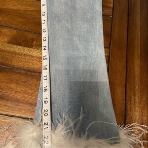 AKIRA Denim Flare Jeans with Feather Trim